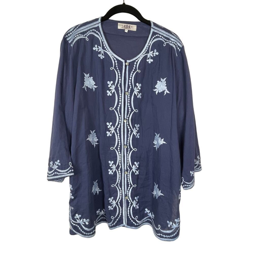 Tibi Sea Island Embroidered Button Up 3/4‎ Sleeve Time Blue White